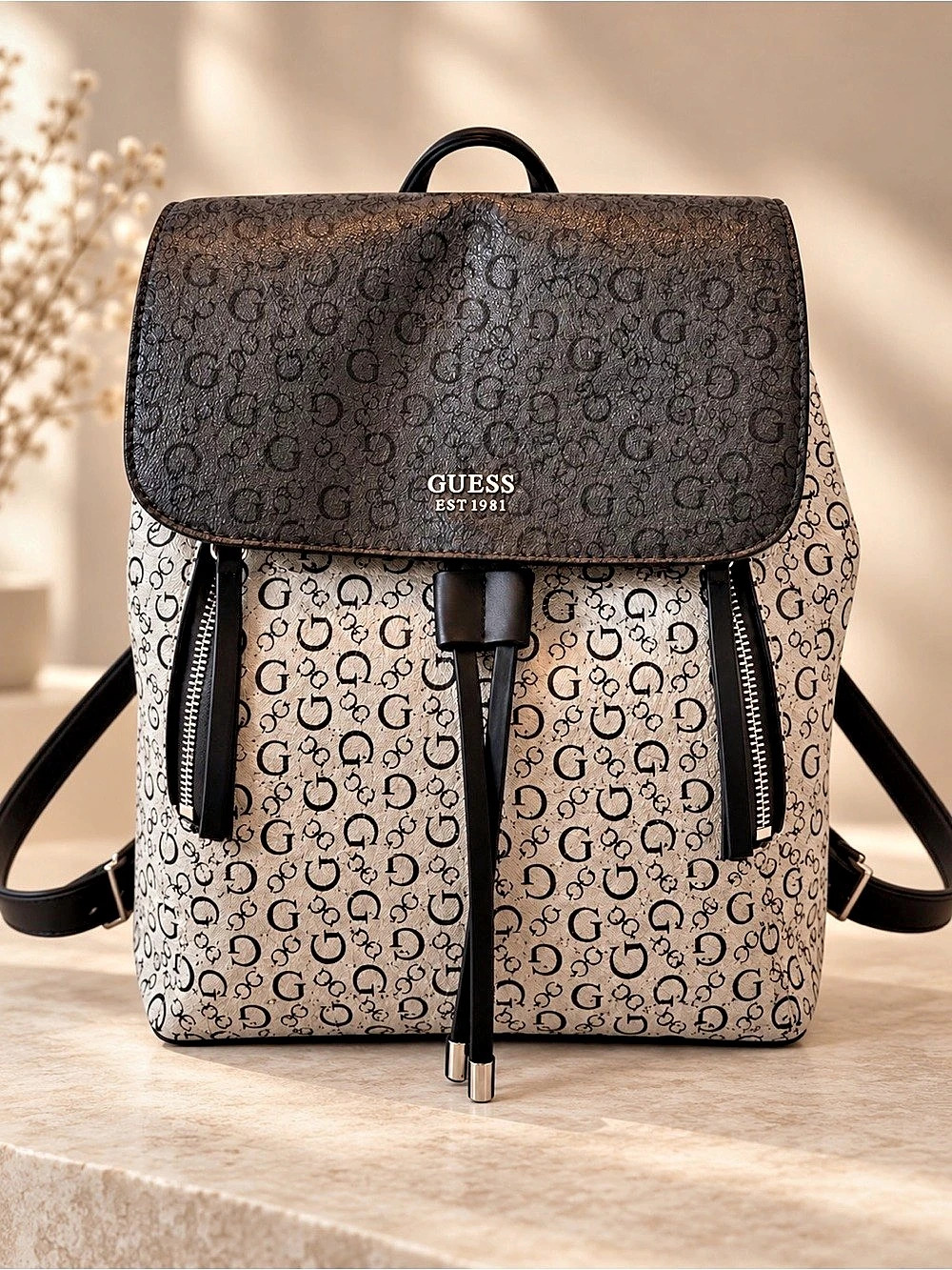 GUESS Logo Monogram Flap Drawstring Backpack Black & White